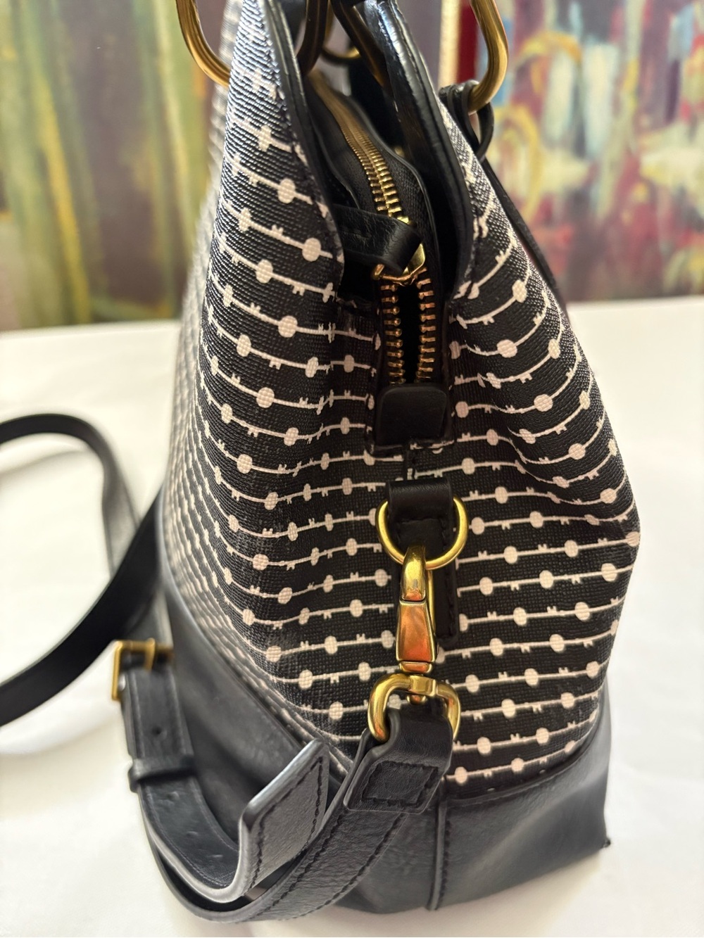 Fossil Convertible Black and White Pattern Satchel with Gold Hardware - Picture 3 of 16